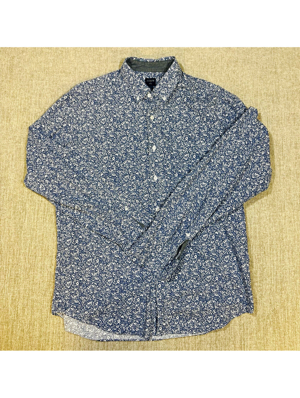 J.Crew Mens Large Blue White Floral Print Button Down Shirt Long Sleeve Cotton